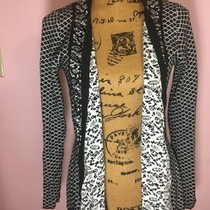 black and white patterned cardigan